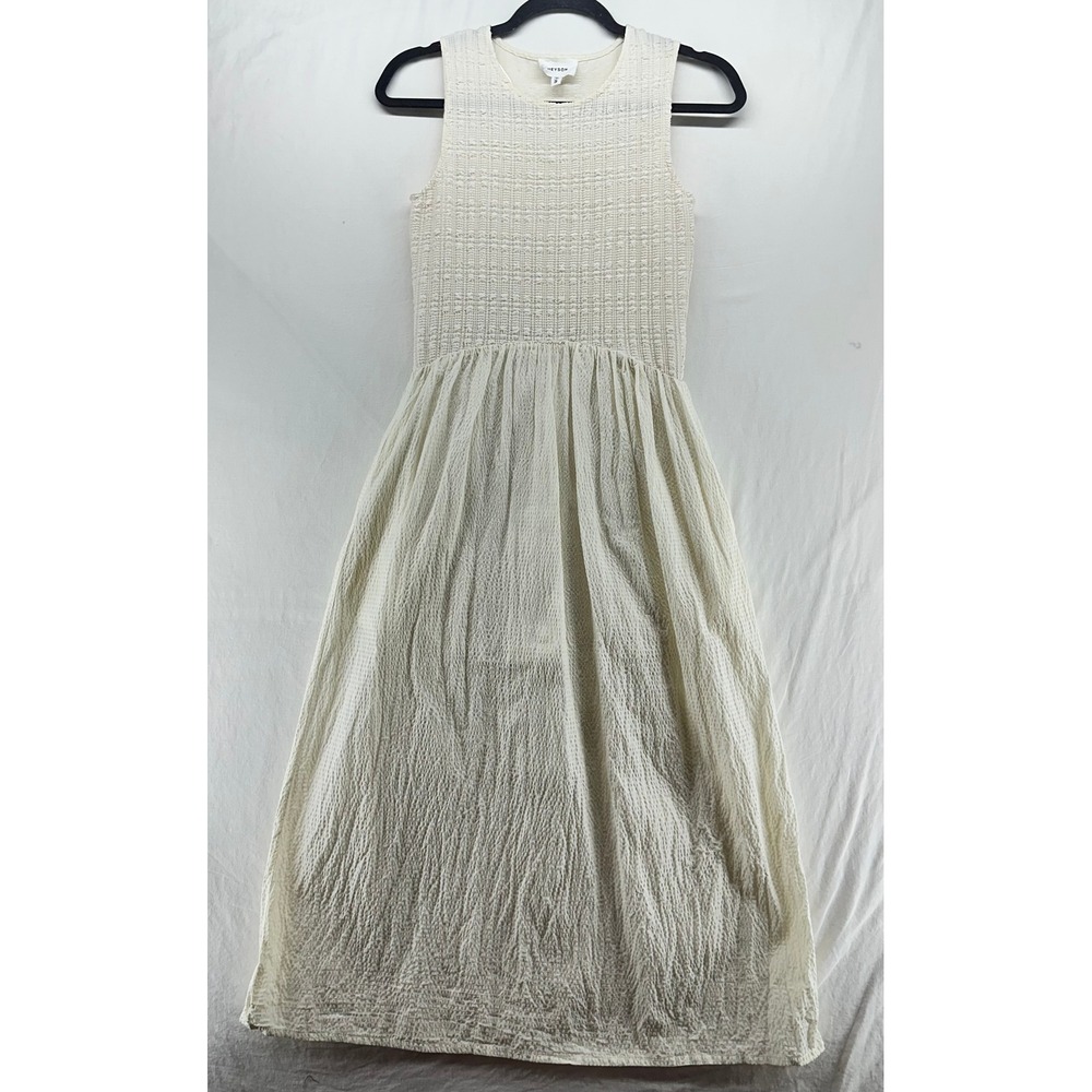 Heyson Womens Cream Textured Sleeveless Smocked Bodice Midi Dress with Pockets S